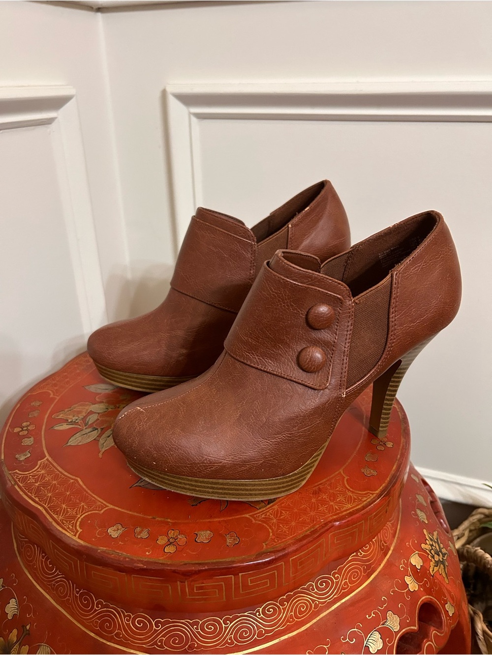 Brown Leatherette High-Heel Booties